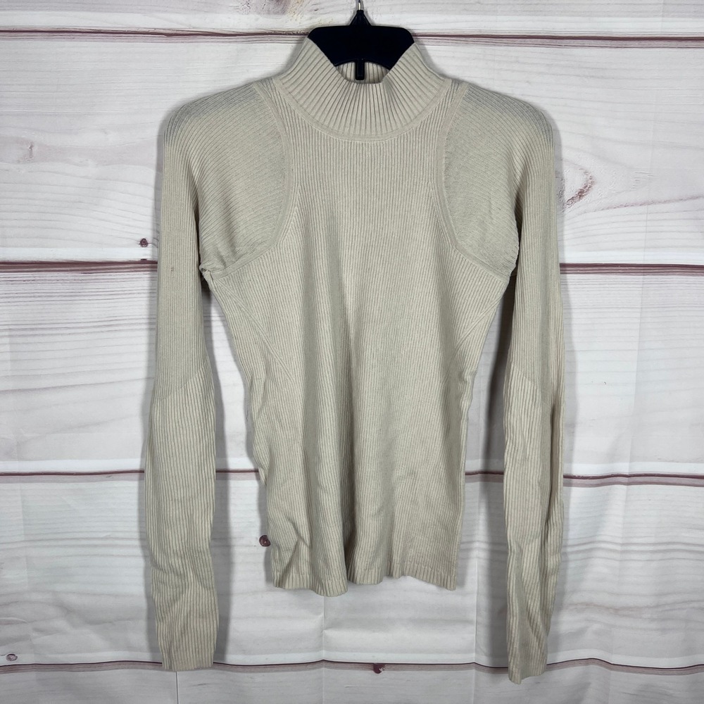 Lululemon Sweater Womens 12 Ivory Merino Wool Ribbed Mock Neck Long Sleeve Solid